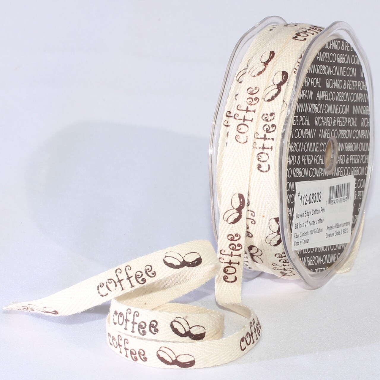 The Ribbon People Beige with Coffee Print Woven Edge Craft Ribbon 0.37" x 54 Yards